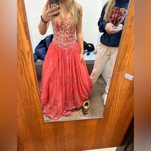 Jovani 171482 Coral strapless Beaded prom dress